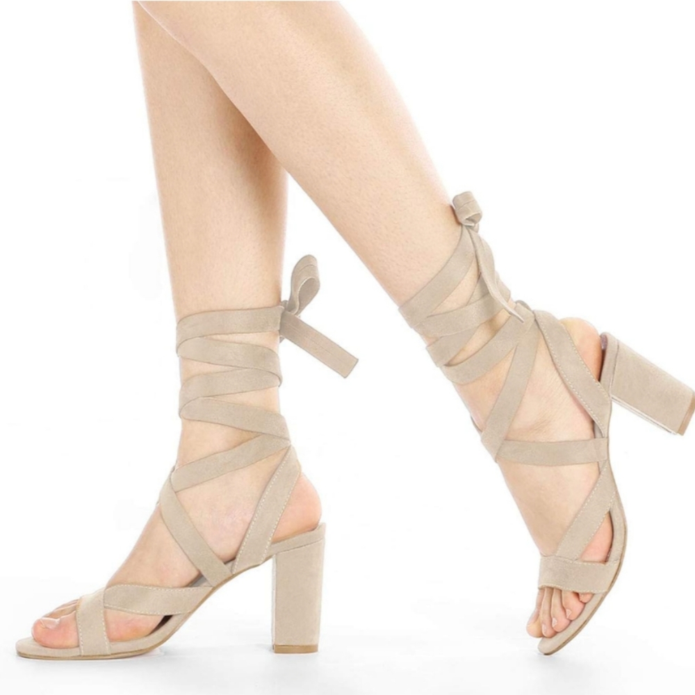 Nude Beige Crisscross Chunky Heel Lace Ups Sandals